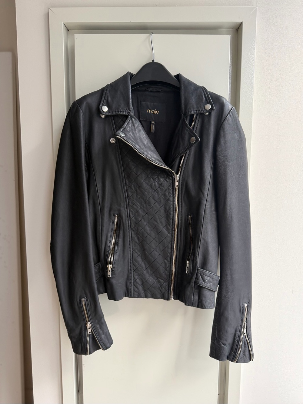 Maje Black Quilted Panel Leather Moto Jacket